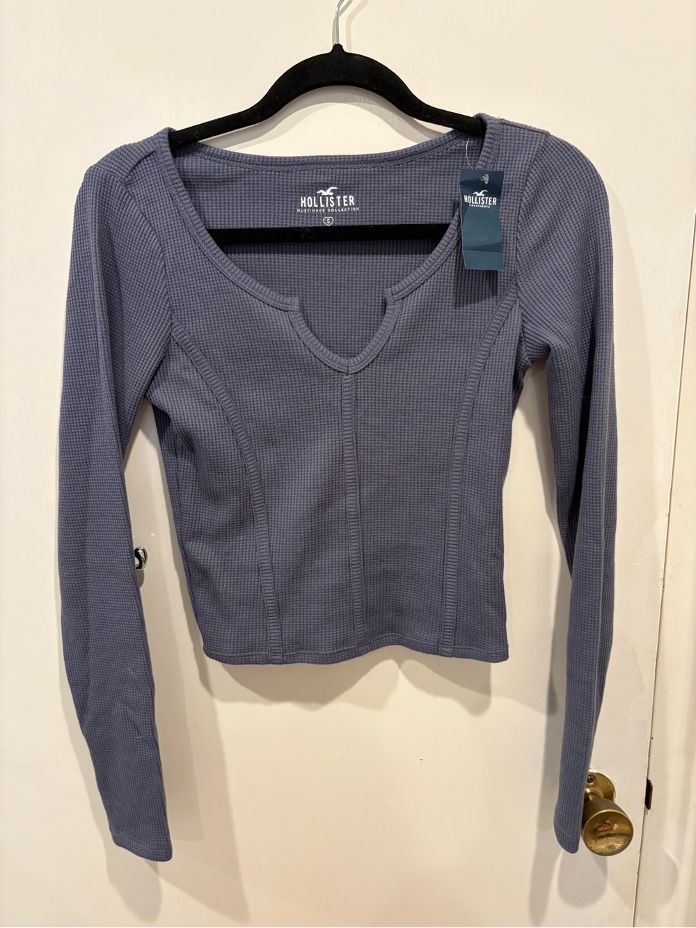 Hollister Long Sleeve Waffle Knit Top in Dusty Blue